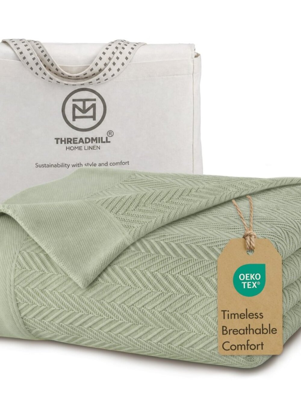Luxury 100% Cotton Queen Herringbone Blanket, Sage Green